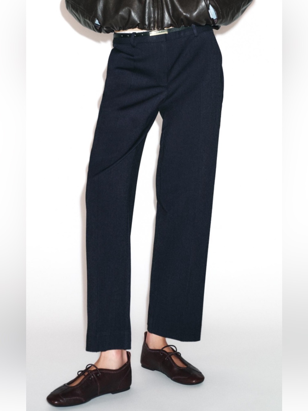 ZARA Navy Straight Leg Trouser Pant Pintuck Large Careerwear Business Casual